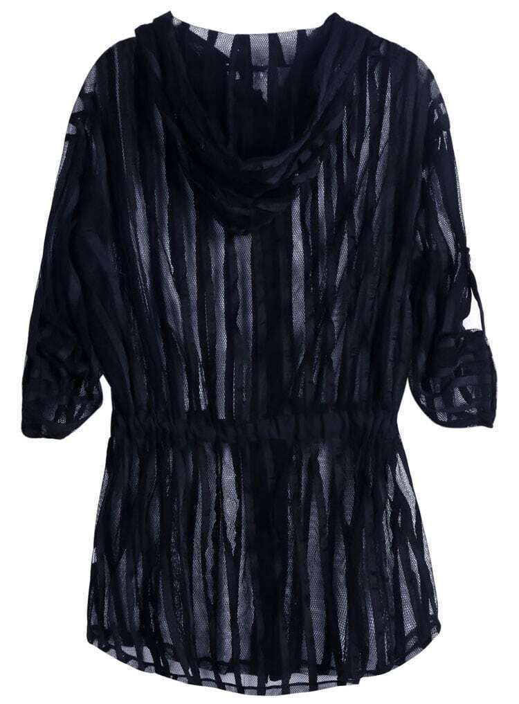 Black Hooded Half Sleeve Mesh Yoke Outerwear SheIn(Sheinside)