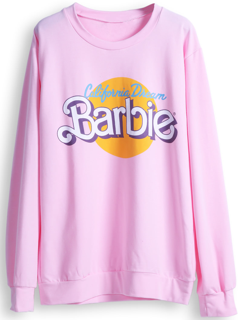 Pink Long Sleeve Barbie Print Casual Sweatshirt SheIn(Sheinside)