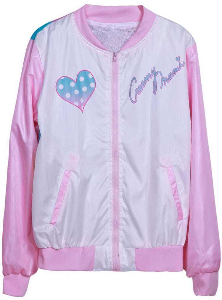 Pink Long Sleeve Cartoon Heart Print Jacket SheIn(Sheinside)
