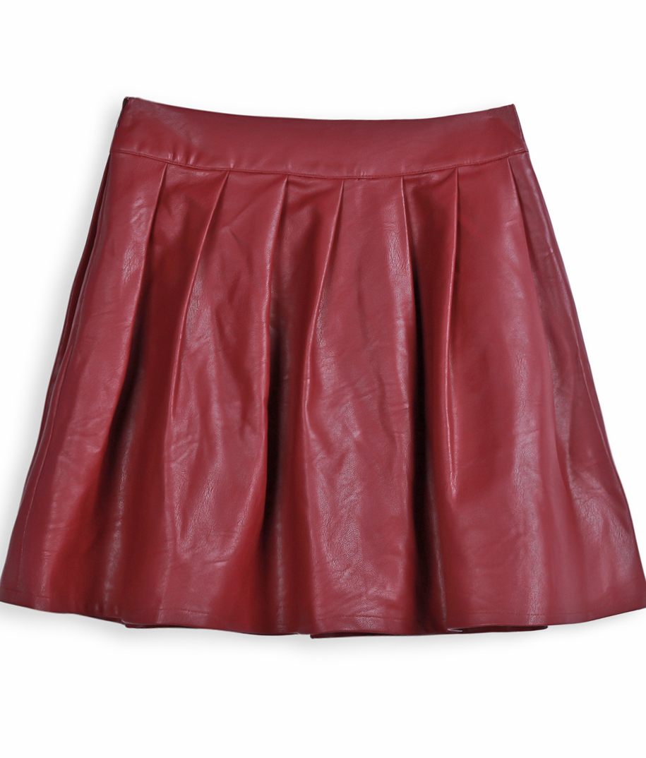 Wine Red PU Leather Pleated Mini Skirt SheIn(Sheinside)