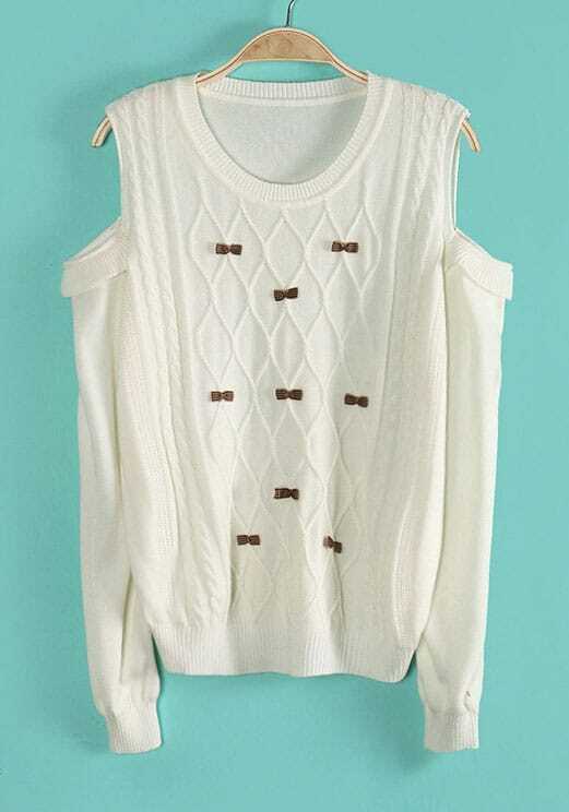 Beige Off the Shoulder Geo Pattern Bow Knit Sweater -SheIn(Sheinside)