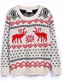 Beige Long Sleeve Deer Print Christmas Xmas Warm Nicest Loose Pullovers Sweater