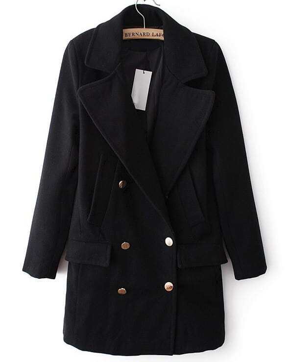 Black Lapel Long Sleeve Buttons Trench Coat SheIn(Sheinside)