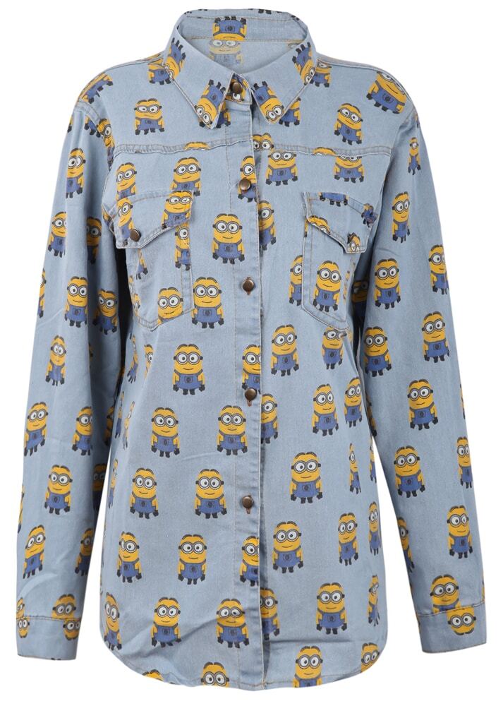 light blue overlay minion print curved hem denim blouse shein sheinside light blue overlay minion print curved hem denim blouse shein sheinside