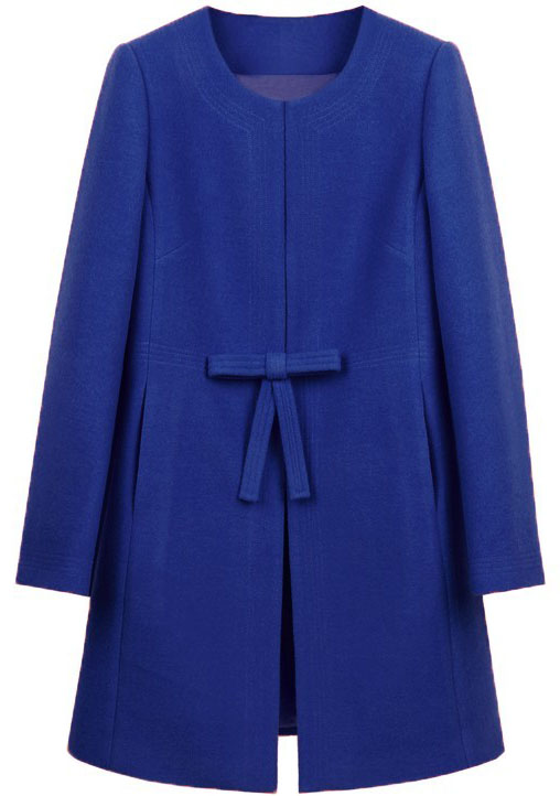 Royal Blue Bowknot Front Hline Simple Wool Blend Coat SheIn(Sheinside)