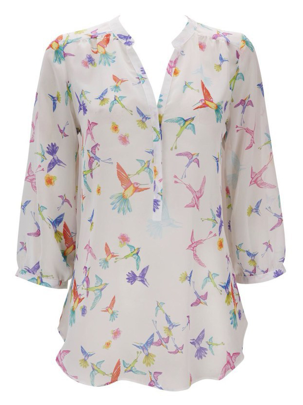 White Long Sleeve Birds Print Chiffon Blouse SheIn(Sheinside)