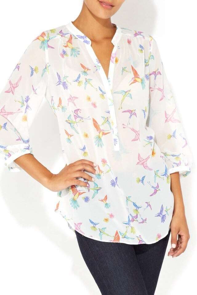 White Long Sleeve Birds Print Chiffon Blouse SheIn(Sheinside)