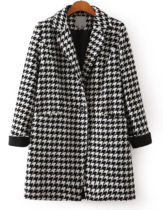 Black White Long Sleeve Houndstooth Coat SheIn(Sheinside)