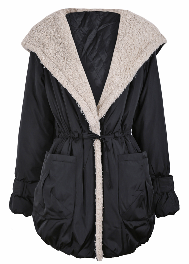 Black Fleece Wide Lapel Drawstring Waist Hood Coat SheIn(Sheinside)