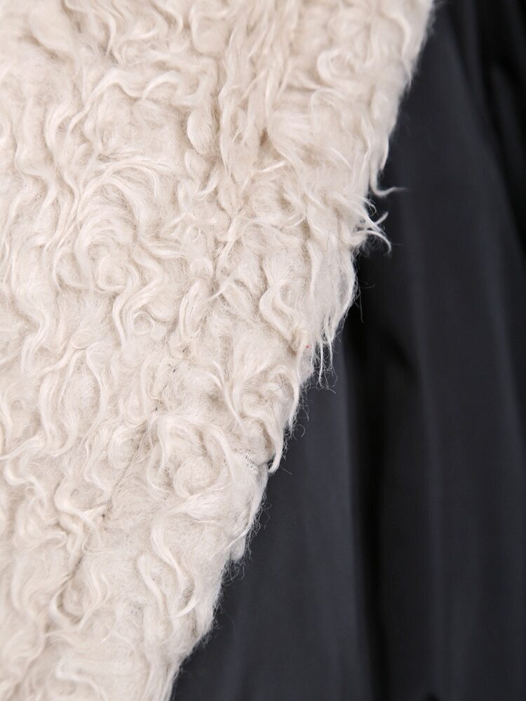 Black Fleece Wide Lapel Drawstring Waist Hood Coat SheIn(Sheinside)