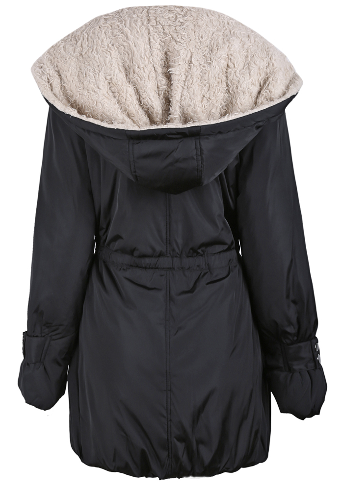 Black Fleece Wide Lapel Drawstring Waist Hood Coat SheIn(Sheinside)