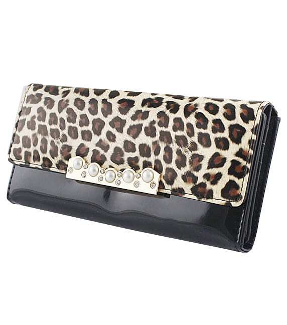 Black Beading Leopard PU Leather Clutch Bag