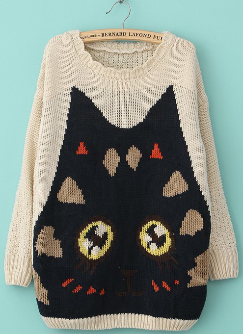 Beige Long Sleeve Cat Pattern Knit Sweater -SheIn(Sheinside)