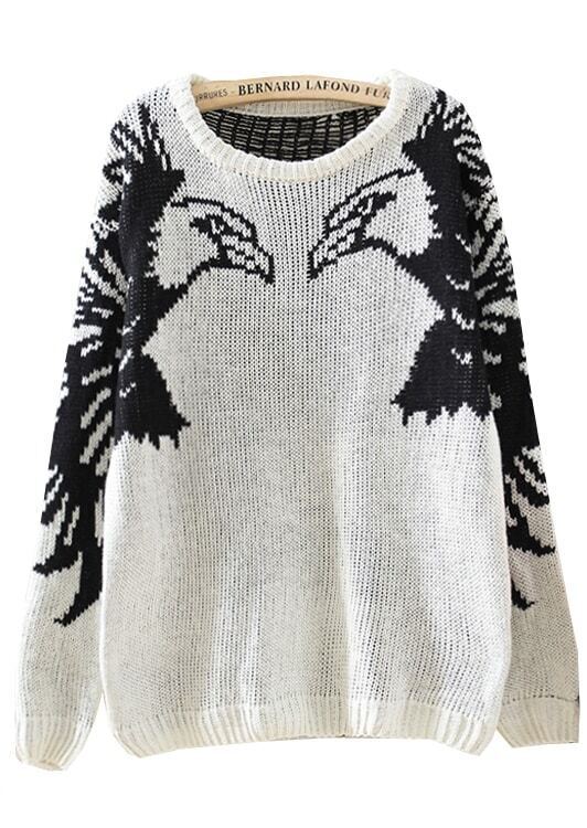 Beige Long Sleeve Eagle Pattern Knit Sweater -SheIn(Sheinside)