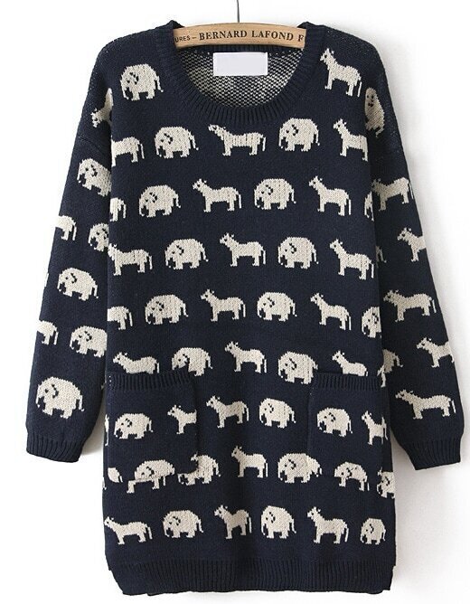 navy sleeve elephant print pockets sweater shein navy sleeve elephant print pockets sweater shein