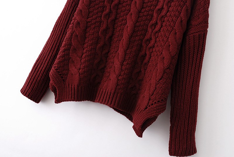 Wine Red Long Sleeve Cable Knit Loose Sweater SheIn(Sheinside)