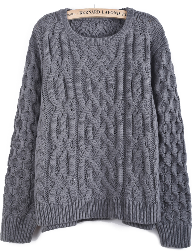 Grey Long Sleeve Cable Knit Dipped Hem Sweater -SheIn(Sheinside) Grey Long Sleeve Cable Knit Dipped Hem Sweater -SheIn(Sheinside)
