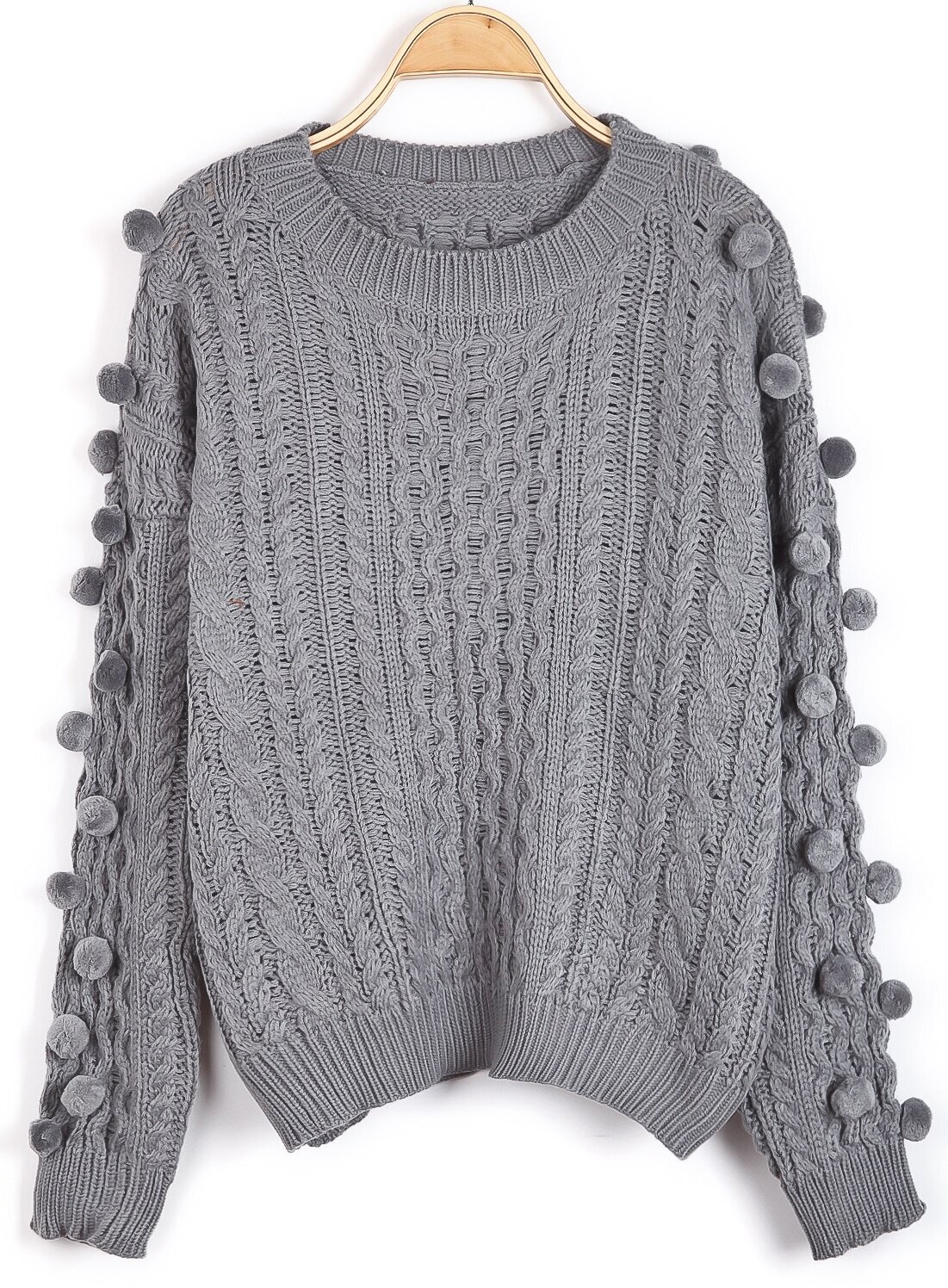 Grey Long Sleeve Twisted Ball Cable Knit Sweater SheIn(Sheinside)