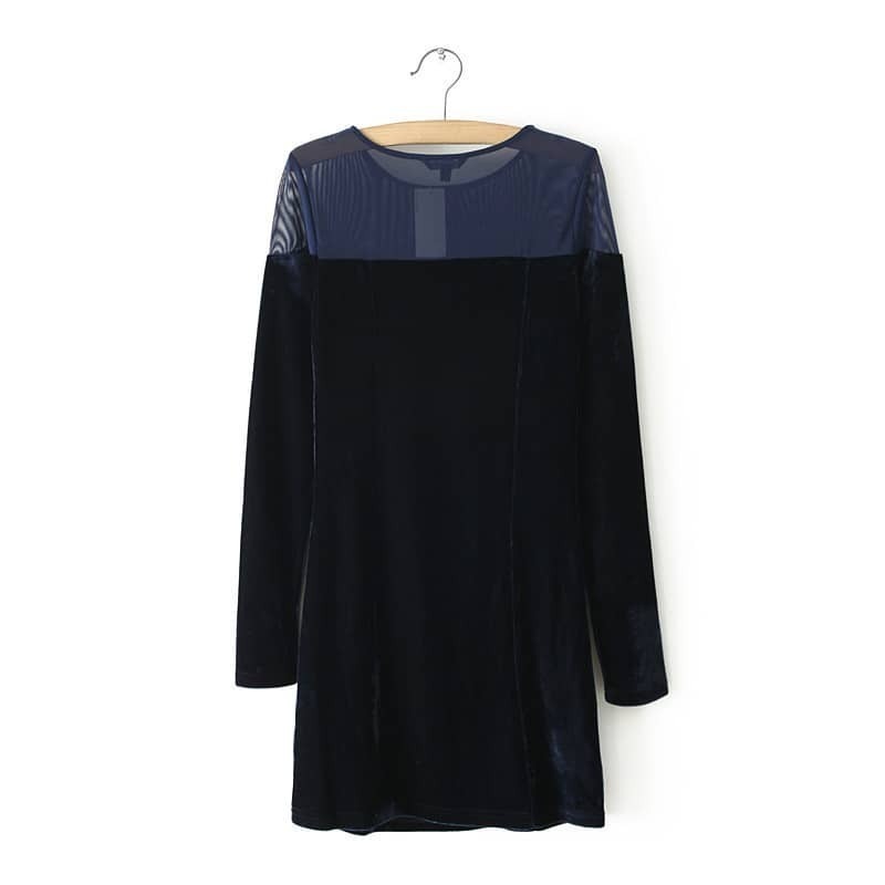 Navy Long Sleeve Contrast Mesh Yoke Dress SheIn(Sheinside)