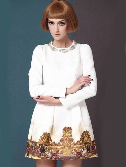 White Long Sleeve Metal Beading Neckline Retro Print Dress