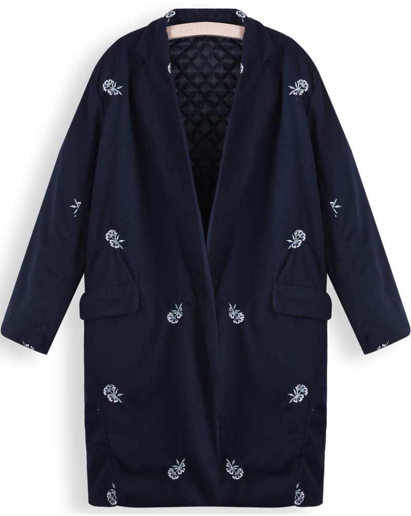 Blue Lapel Long Sleeve Embroidered Coat SheIn(Sheinside)