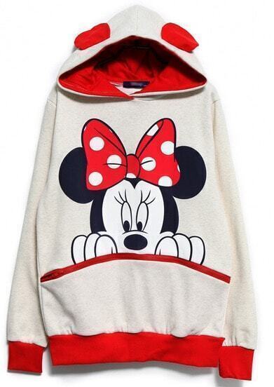 White Red Long Sleeve Mickey Hooded Sweatshirt