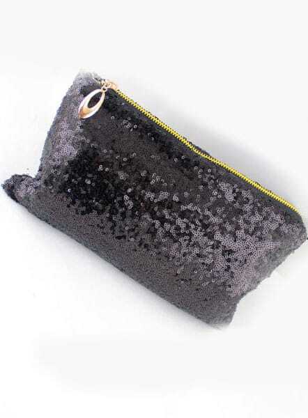 Black Sequined Zipper Clutch Bag