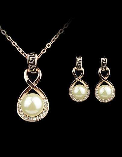 Gold Pearl Diamond Chain Necklace With Earrings pictures