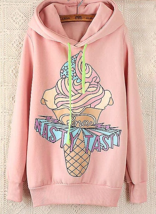 Pink Long Sleeve Ice Cream Pattern Hooded Sweatshirt SheIn(Sheinside)