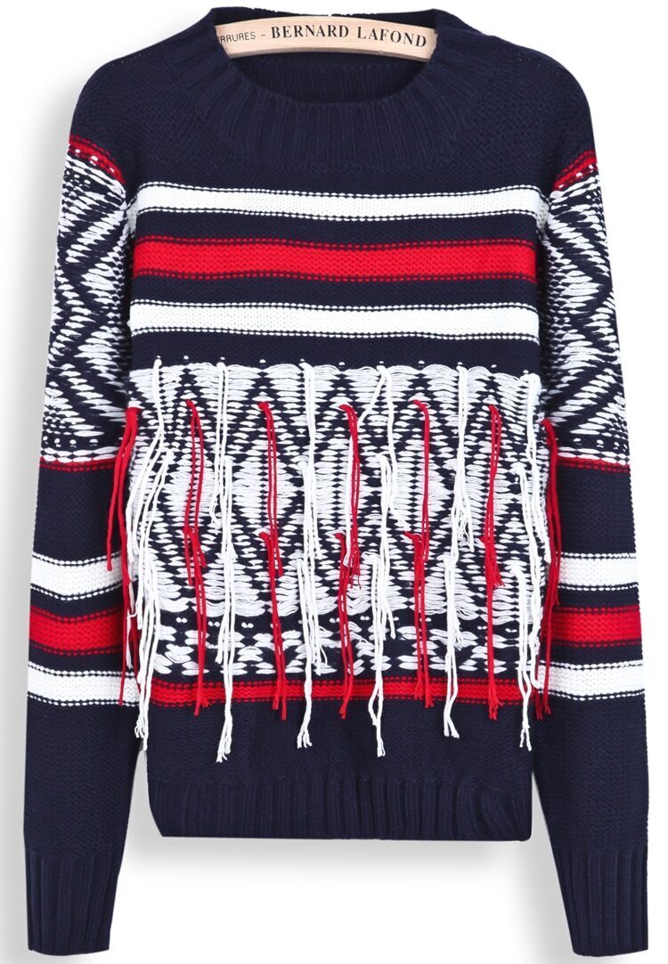 Navy Long Sleeve Striped Tassel Sweater SheIn(Sheinside)