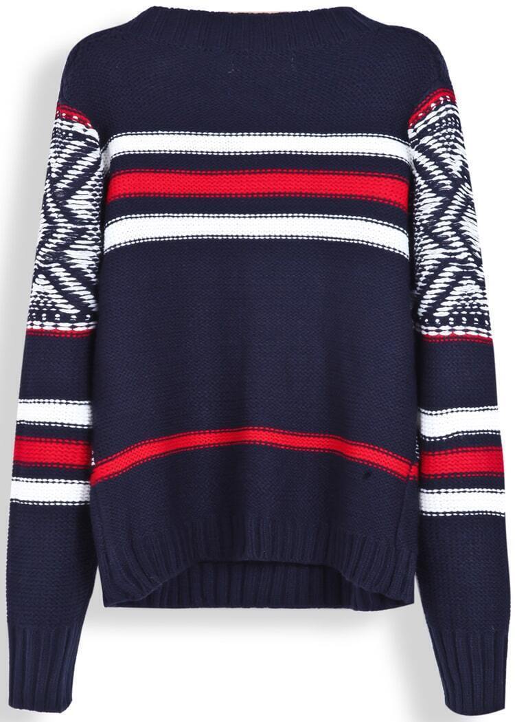 Navy Long Sleeve Striped Tassel Sweater SheIn(Sheinside)
