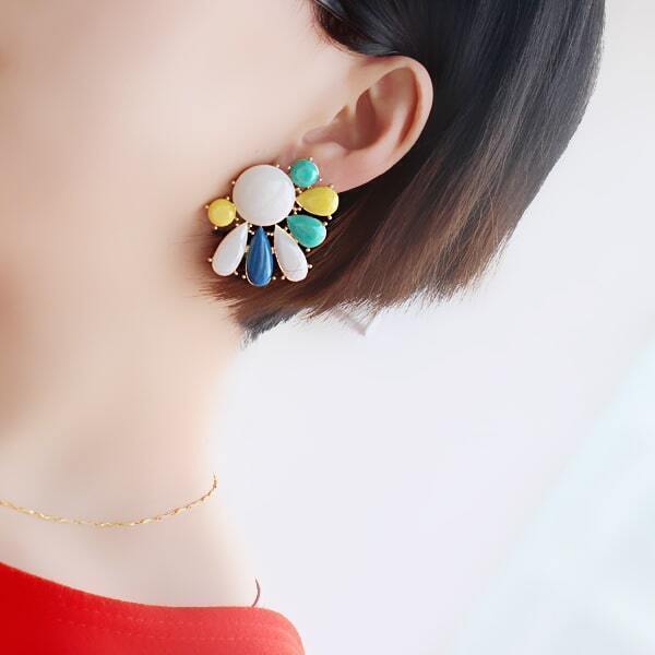 Multi Gemstone Gold Hollow Stud Earrings SheIn(Sheinside)