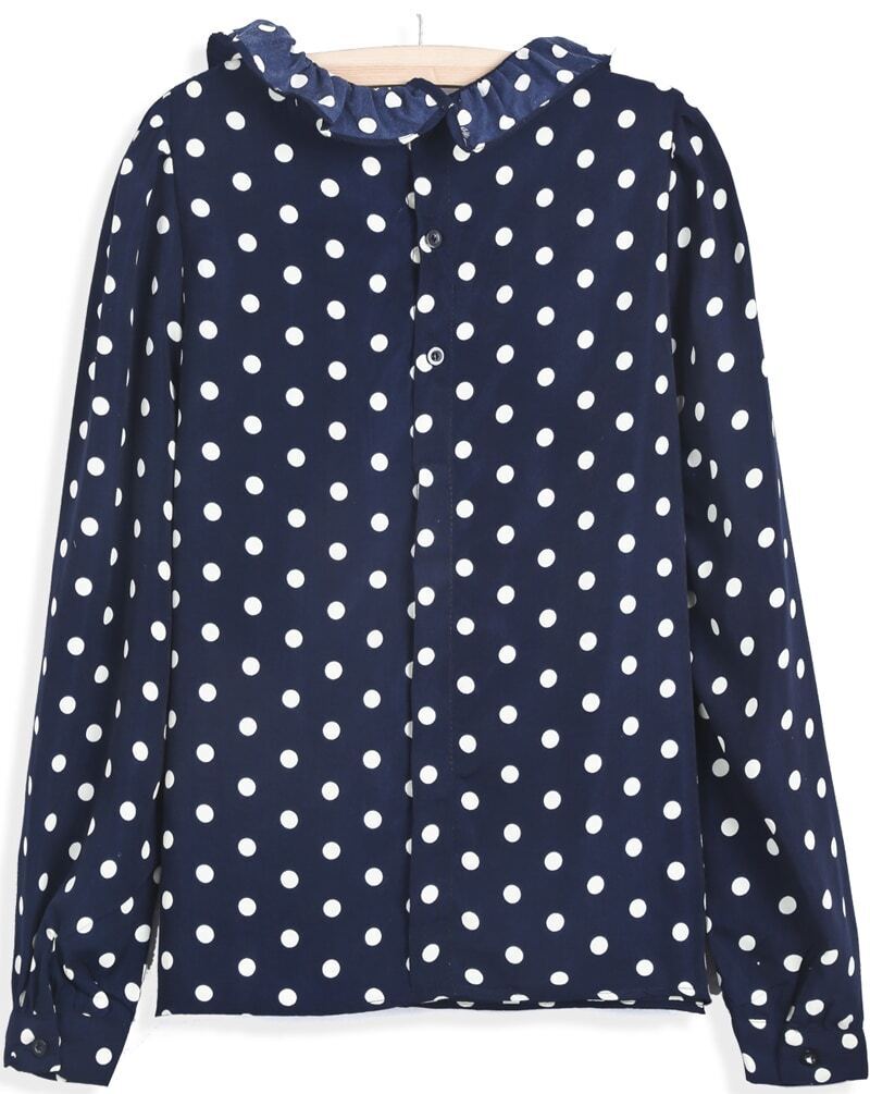 Navy Ruffle Collar Long Sleeve Polka Dot Blouse SheIn(Sheinside)