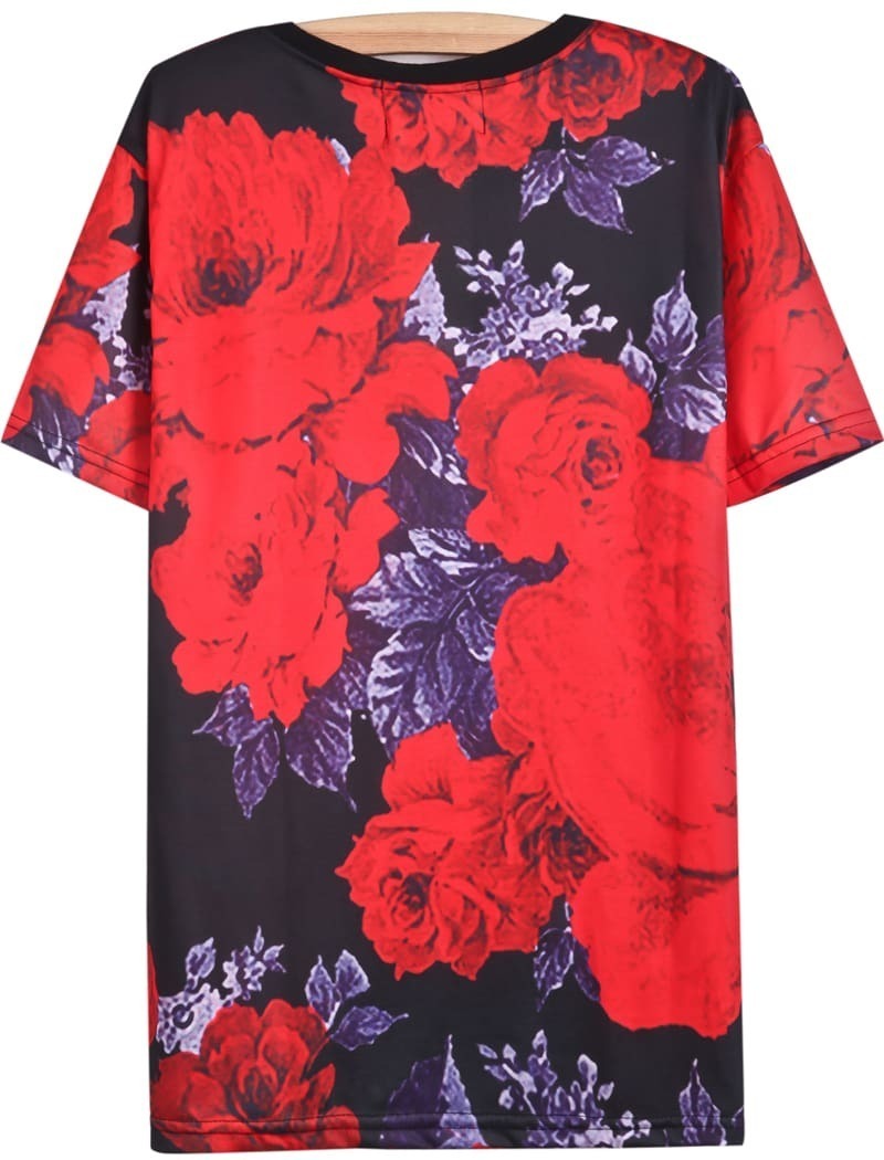 Black Red Short Sleeve Rose Print TShirt SheIn(Sheinside)