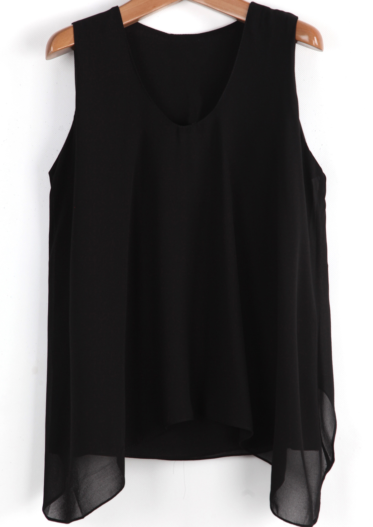 Black Sleeveless Double Layers Chiffon Vest SheIn(Sheinside)