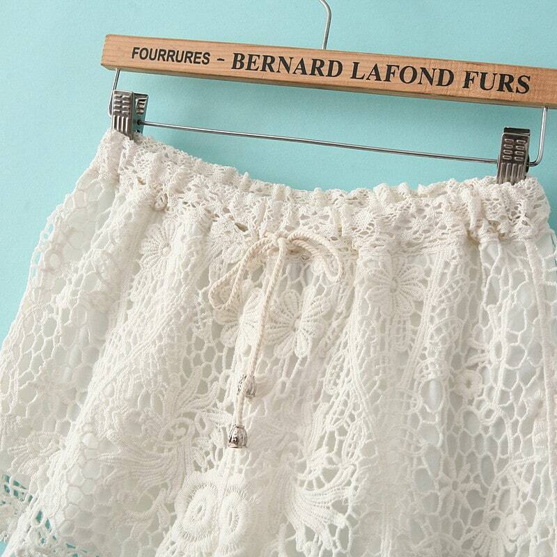 White Drawstring Waist Hollow Lace Shorts SheIn(Sheinside)
