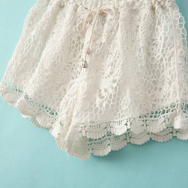 White Drawstring Waist Hollow Lace Shorts SheIn(Sheinside)