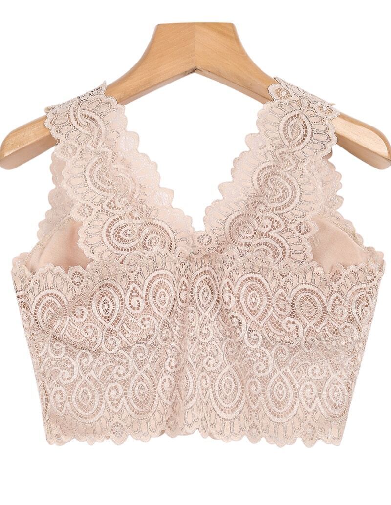 Apricot V Neck Sleeveless Lace Crop Vest SheIn(Sheinside)