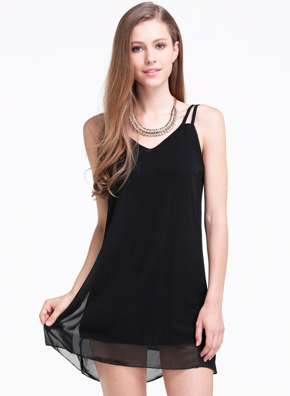 Black Spaghetti Strap Loose Chiffon Dress SheIn(Sheinside)