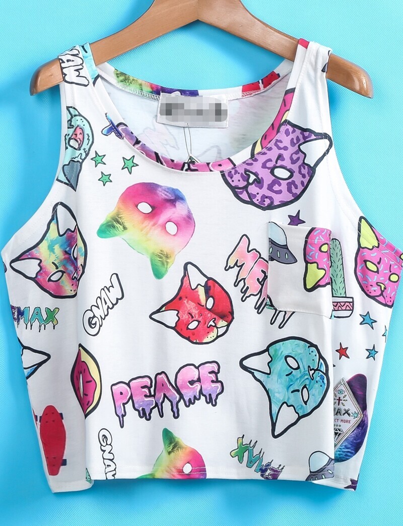 White Sleeveless Cartoon Cat Print Vest SheIn(Sheinside)