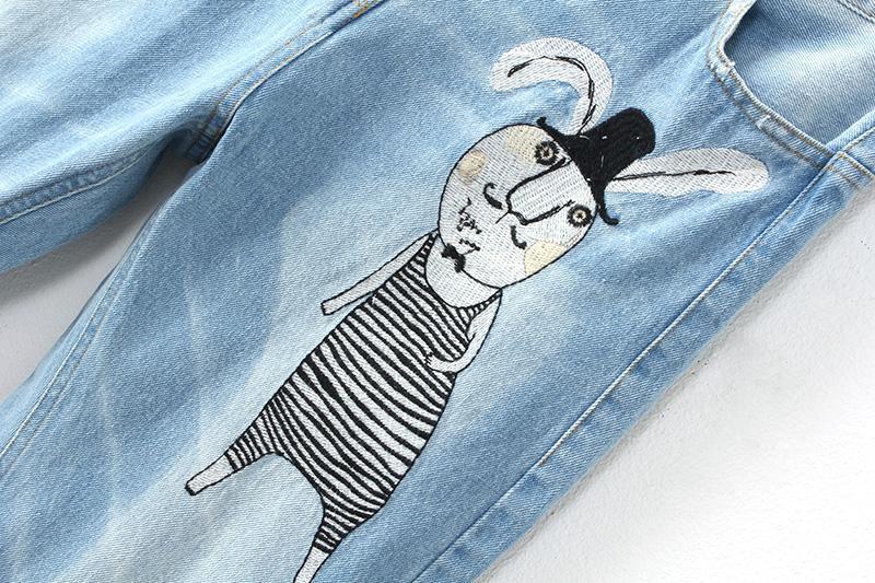 Blue Bleached Embroidered Rabbit Denim Pant SheIn(Sheinside)