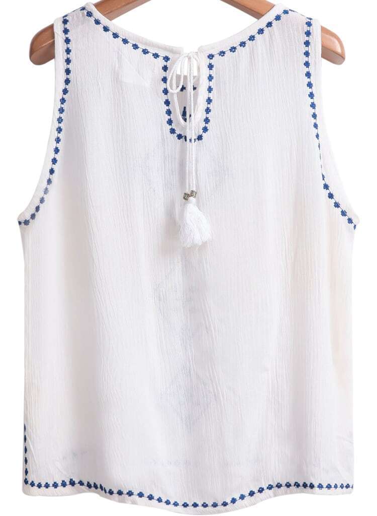 White Sleeveless Embroidered Drawstring Tank Top Shein white sleeveless embroidered drawstring tank top shein