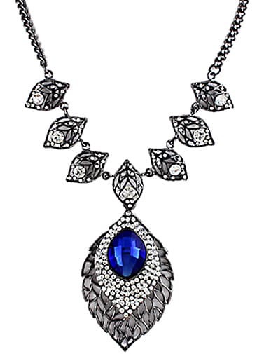 Blue Gemstone Silver Hollow Leaves Necklace