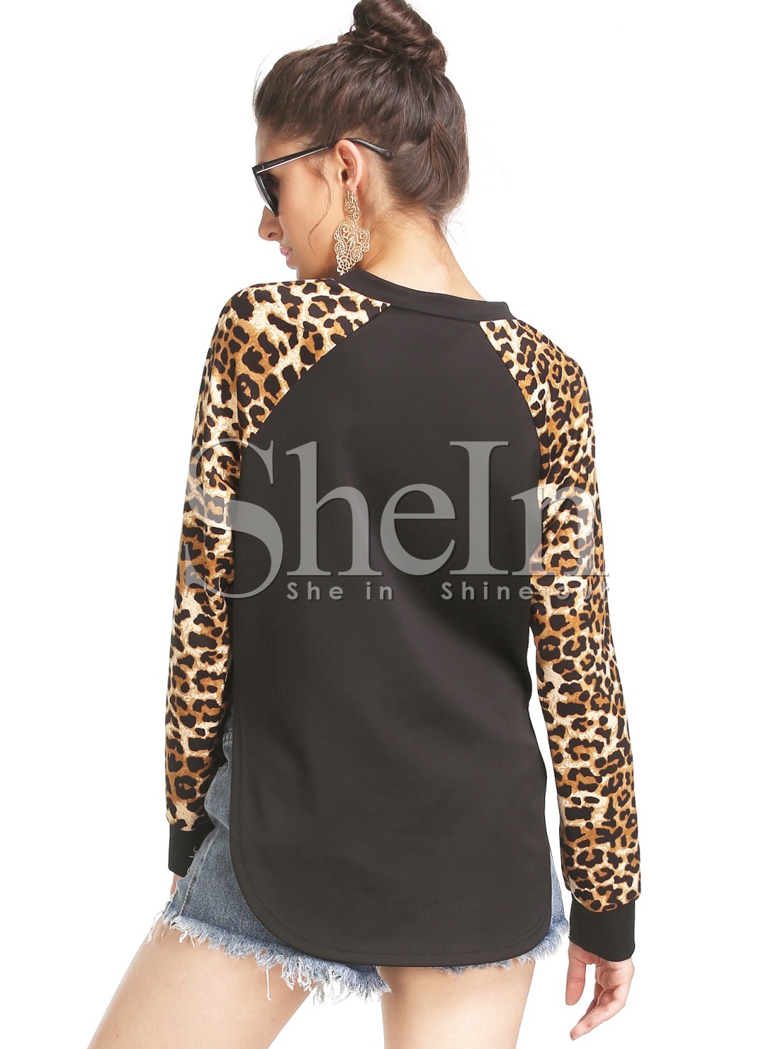 Black Leopard Print Sleeve Sweatshirt SheIn(Sheinside)