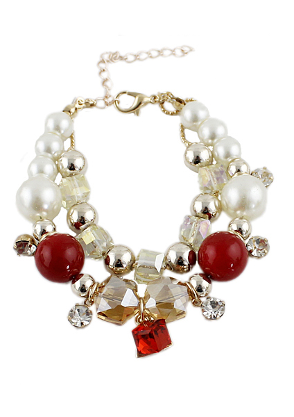 Red Diamond Gold Bead Link Bracelet