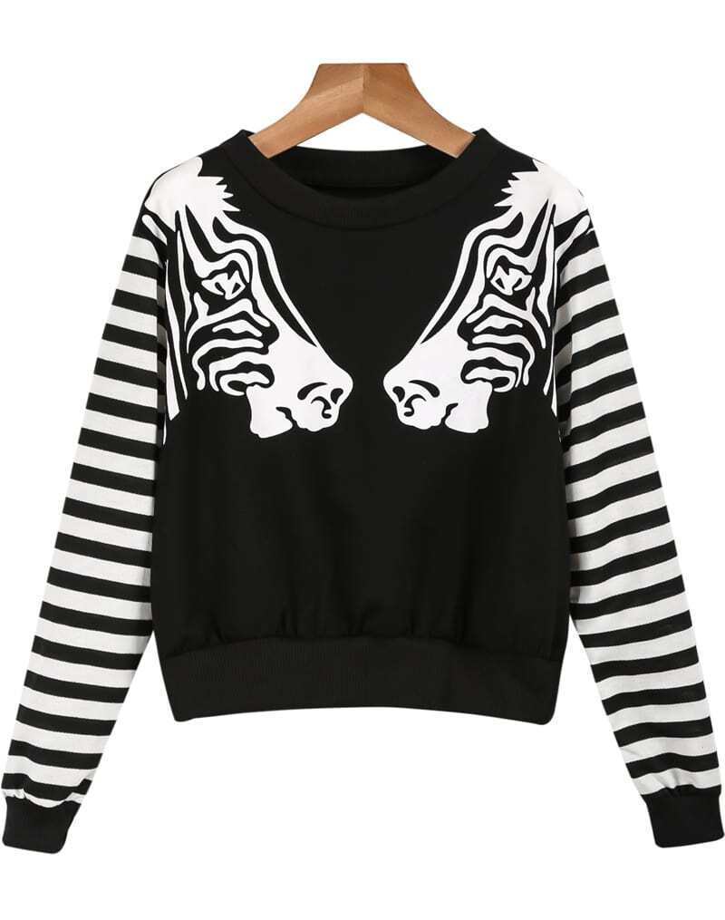 Black Long Sleeve Zebra Print Sweatshirt SheIn(Sheinside)