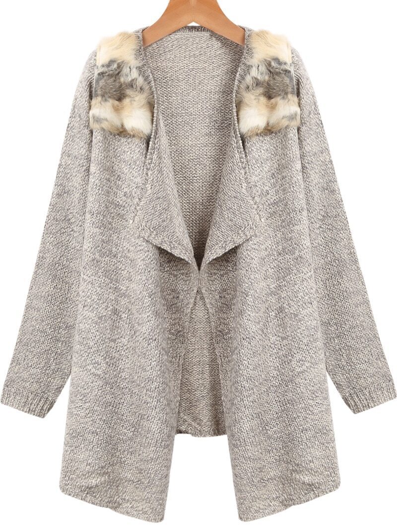 Grey Long Sleeve Fur Embellished Knit Cardigan SheIn(Sheinside)