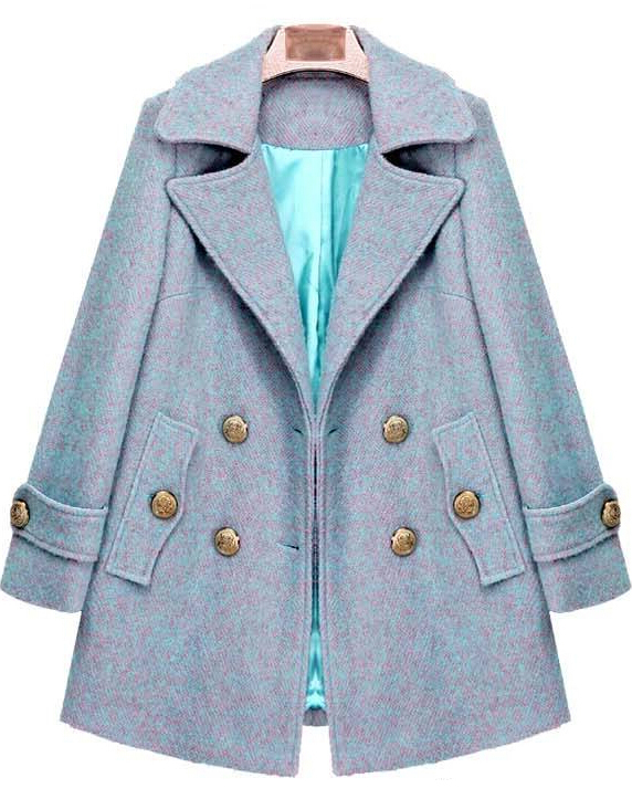 Blue Lapel Long Sleeve Buttons Woolen Coat SheIn(Sheinside)