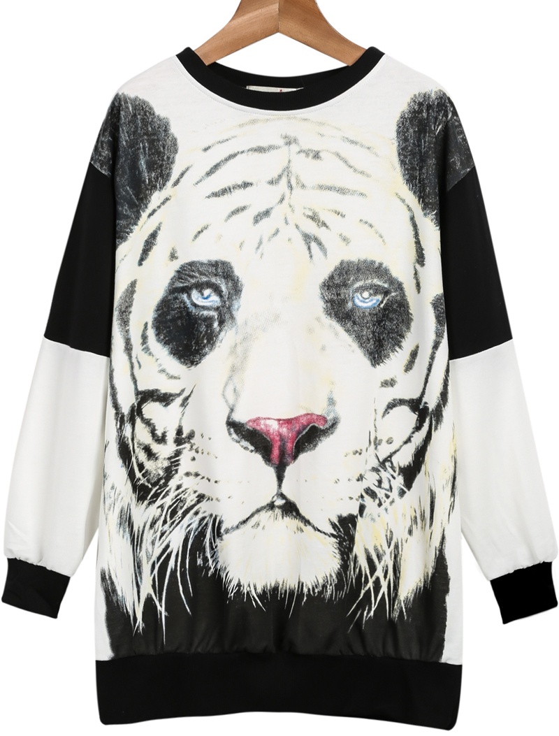 Black White Long Sleeve Tiger Print Sweatshirt SheIn(Sheinside)
