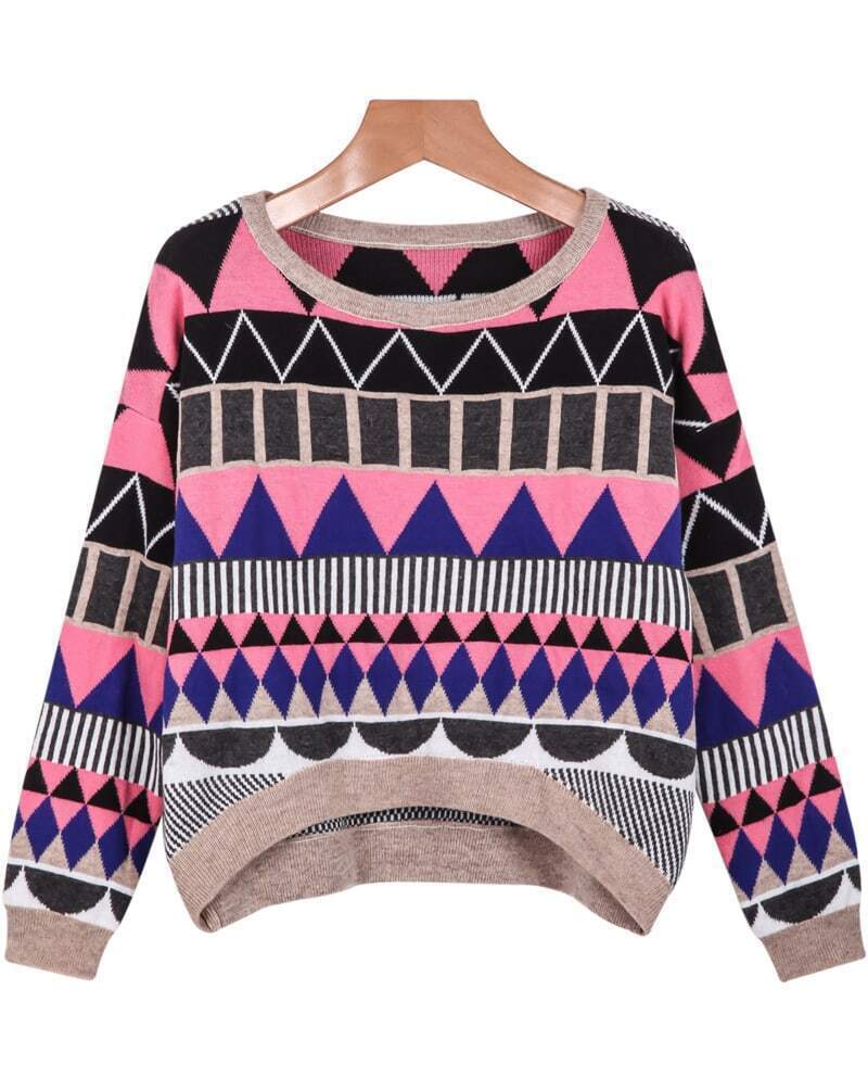 Pink Purple Long Sleeve Geometric Pattern Sweater SheIn(Sheinside)